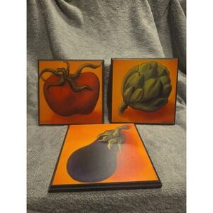WILL RAFUSE Wood Wall Block Decor-Red Tomato, Artichoke & Purple Egg Plant 8X8